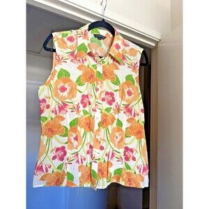 Lands End Linen Floral Sleeveless Blouse Sz 12 Orange Green Pink Button-Up